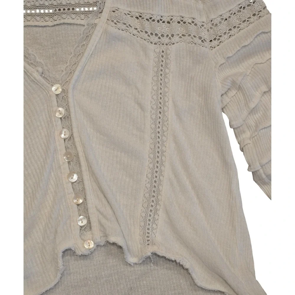 Free People White Lace Detail Collared Knit Cropped Cardigan Shirt M